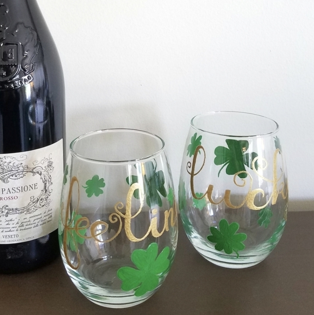 Set of Two Lucky Clover Glasses Hand Painted